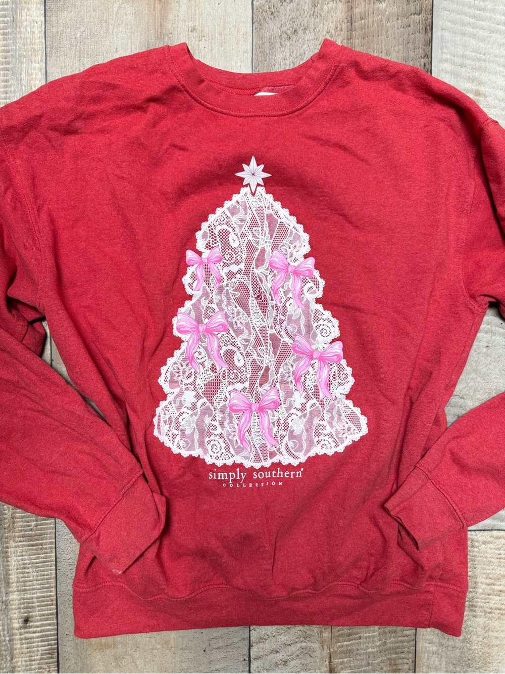 Simply Southern Red Sweatshirt with White Lace Tree and Pink Bows